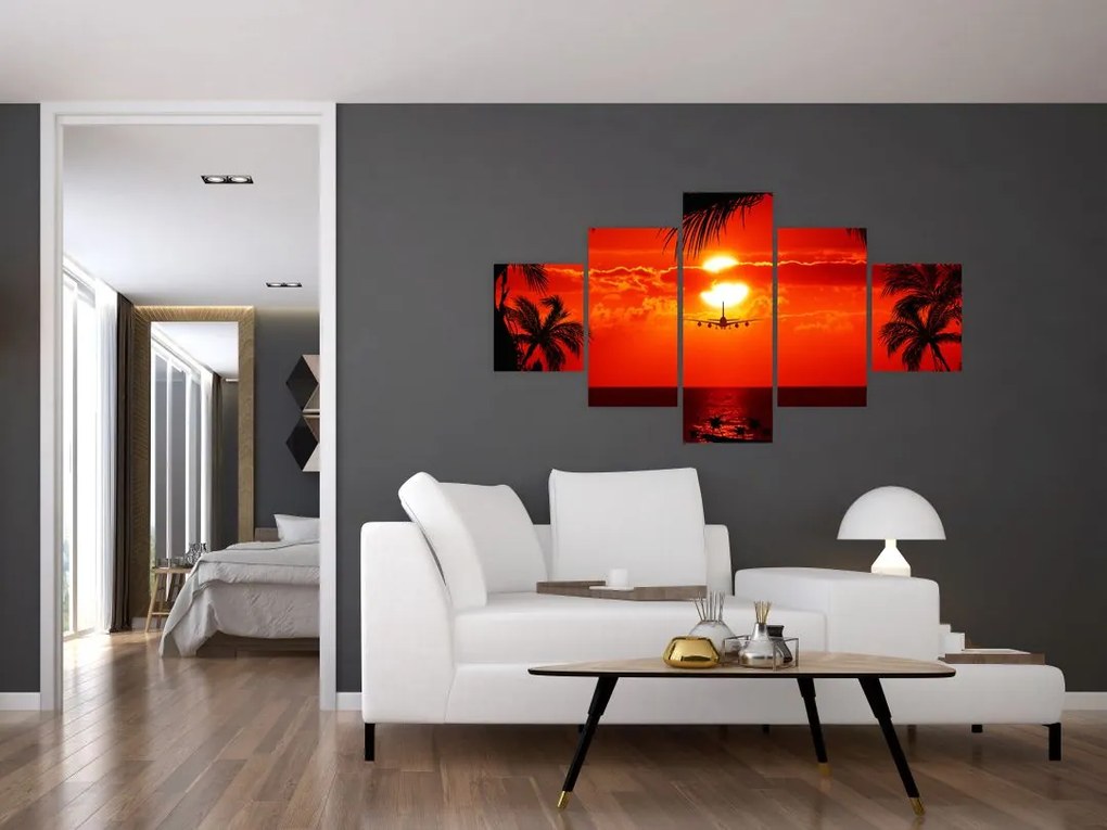 Obraz - zachód słońca z samolotem (125x70 cm)
