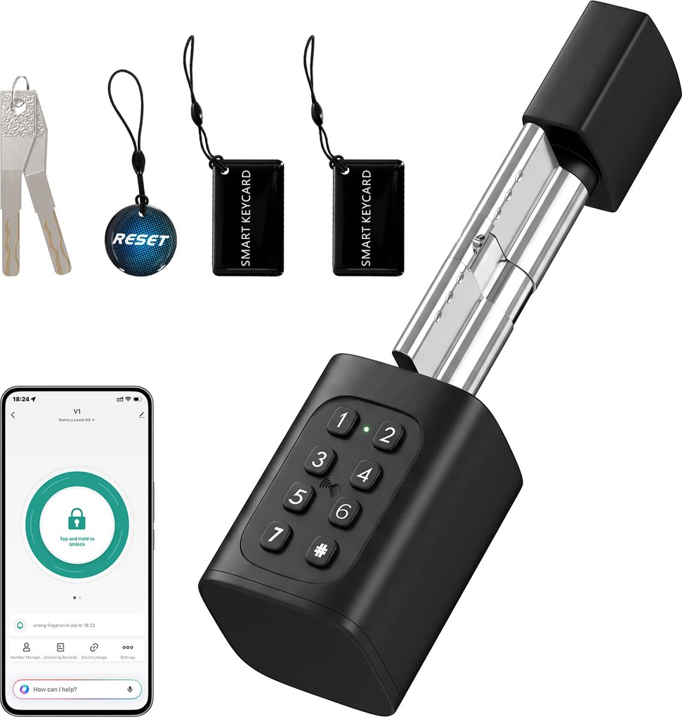 HOMCOM Inteligentny cylinder drzwiowy, 5 w 1 z odciskiem palca, kodem, aplikacją, kartą NFC i kluczem, współdzielony dostęp, cylinder Bluetooth | Aosom PL