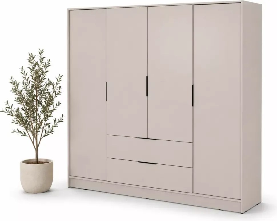 Szafa czterodrzwiowa uchylna Tetrix 206cm szuflady półki drążek