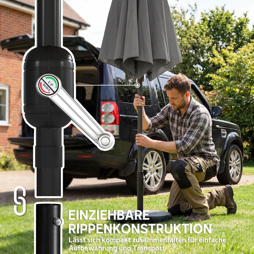 Outsunny Parasol ogrodowy Ø300 cm z korbką, podstawą krzyżową i workiem piaskowym, UV 30+, ciemnoszary | Aosom PL