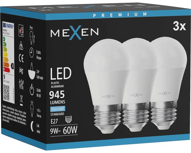Mexen Nova 3x żarówka LED E27, G45, 9W, Zimna - 6500K, 945 lm - L101-E27-0965-01x03