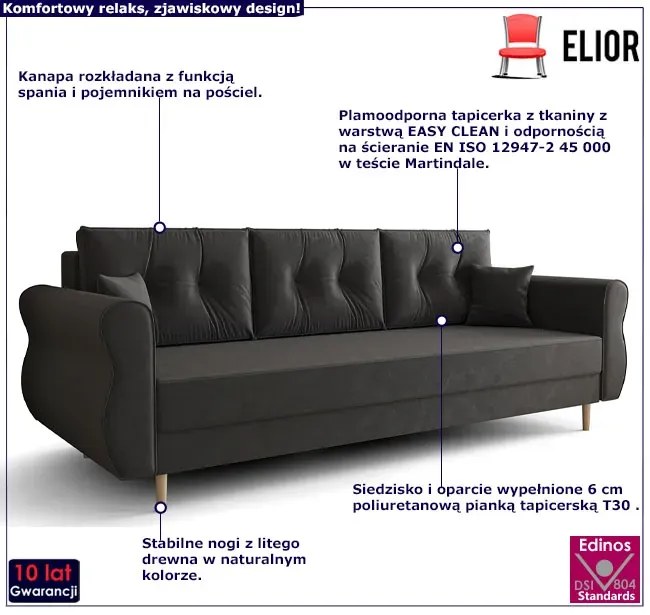 Ciemnoszara sofa rozkładana - Dulam