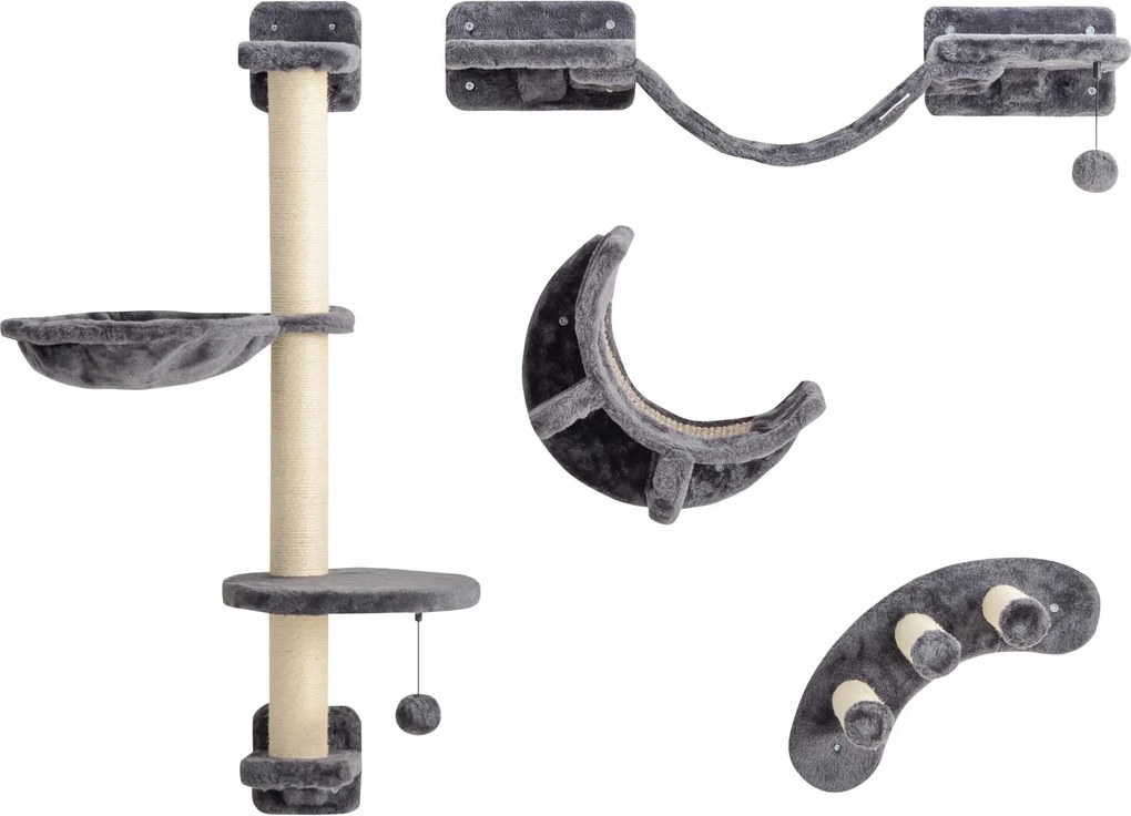 PawHut 4-częściowy zestaw drabinek dla kotów z hamakiem i mostkiem do 5 kg, ciemnoszary