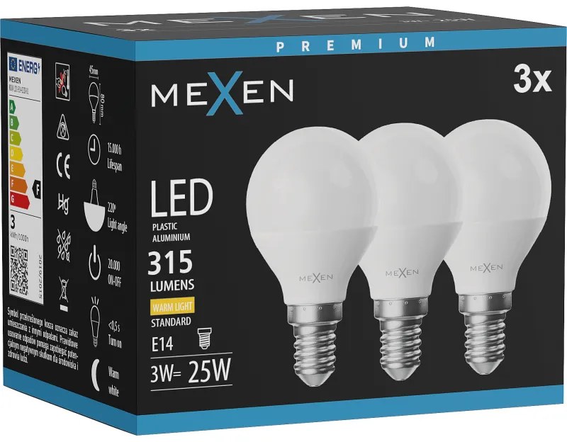 Mexen Nova 3x żarówka LED E14, G45, 3W, Ciepła - 3000K, 315 lm - L101-E14-0330-01x03