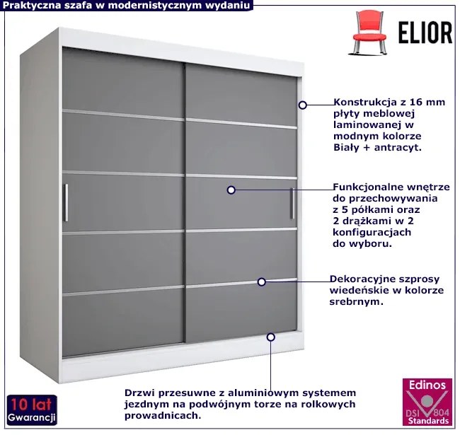 Szafa przesuwna biały + antracyt 180 cm - Bohosa 5X