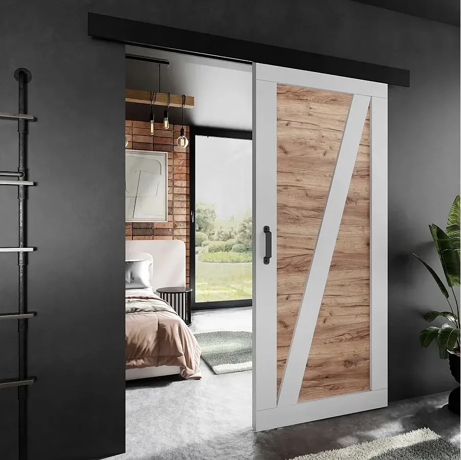 Drzwi przesuwne PALADIO 3 z maskownicą biały i dąb craft złoty 80