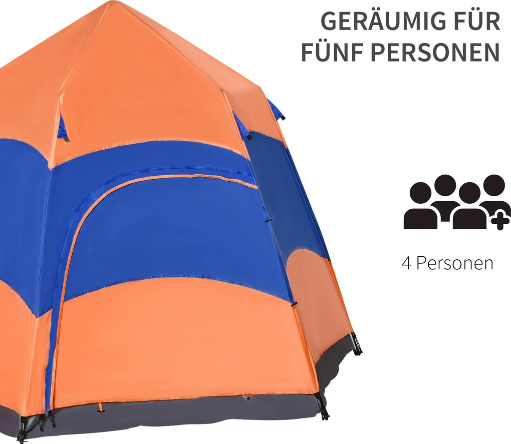 Namiot wodoodporny Campingowy 275x275 cm dla rodziny - Quick-Up, podwójna ściana, outdoor, z torbą i moskitierą Pomarańczowy Niebieski | Aosom PL
