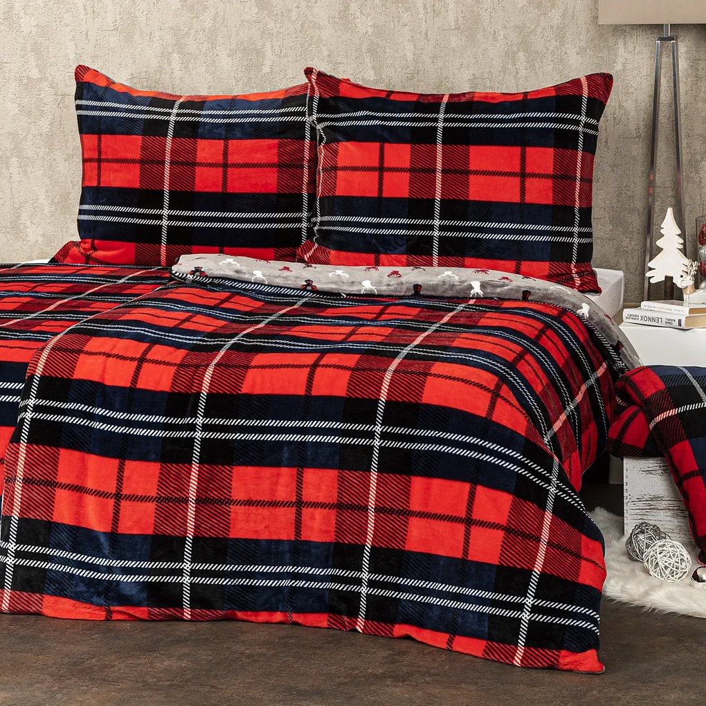 4Home Pościel mikroflanela Krata czerwony, 140 x 200 cm, 70 x 90 cm