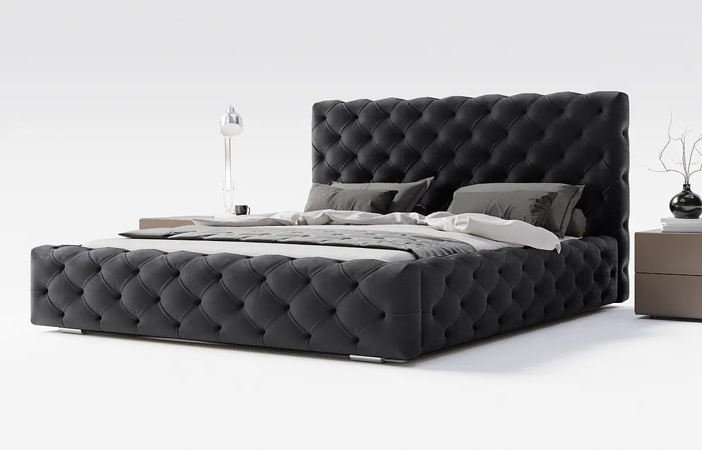 Emporius Paris łóżko tapicerowane 160x200 cm - glamour, pikowanie chesterfield - łóżko dwuosobowe z pojemnikiem, tkanina aksamitna, czarny (Magic Velvet 2219)