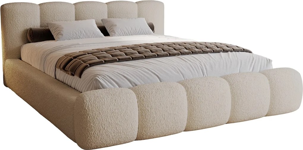 BESILIO Łóżko z grubej pianki 120x200 boucle Milly - łóżko z pojemnikiem i stelażem - Beżowy