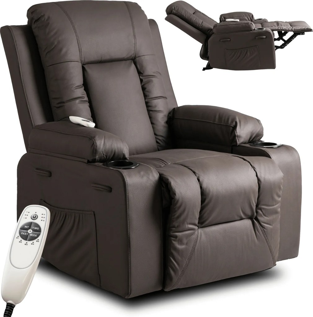 Fotel Masujący BOX Rozkładany Wypoczynkowy z Podnóżkiem Ciemnobrązowy Ekoskóra Nowoczesny