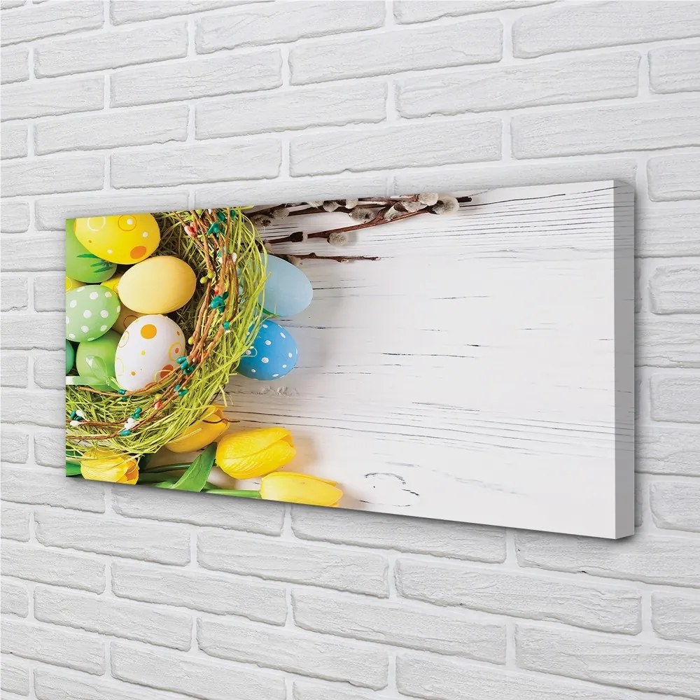 Fotoobraz na płótnie Jajka, Bazie i Tulipany