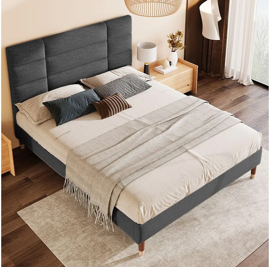 Łóżko dla dorosłych 140 x 200 cm - Łóżko podwójne z tapicerowanym oparciem - Szary len - bez materaca