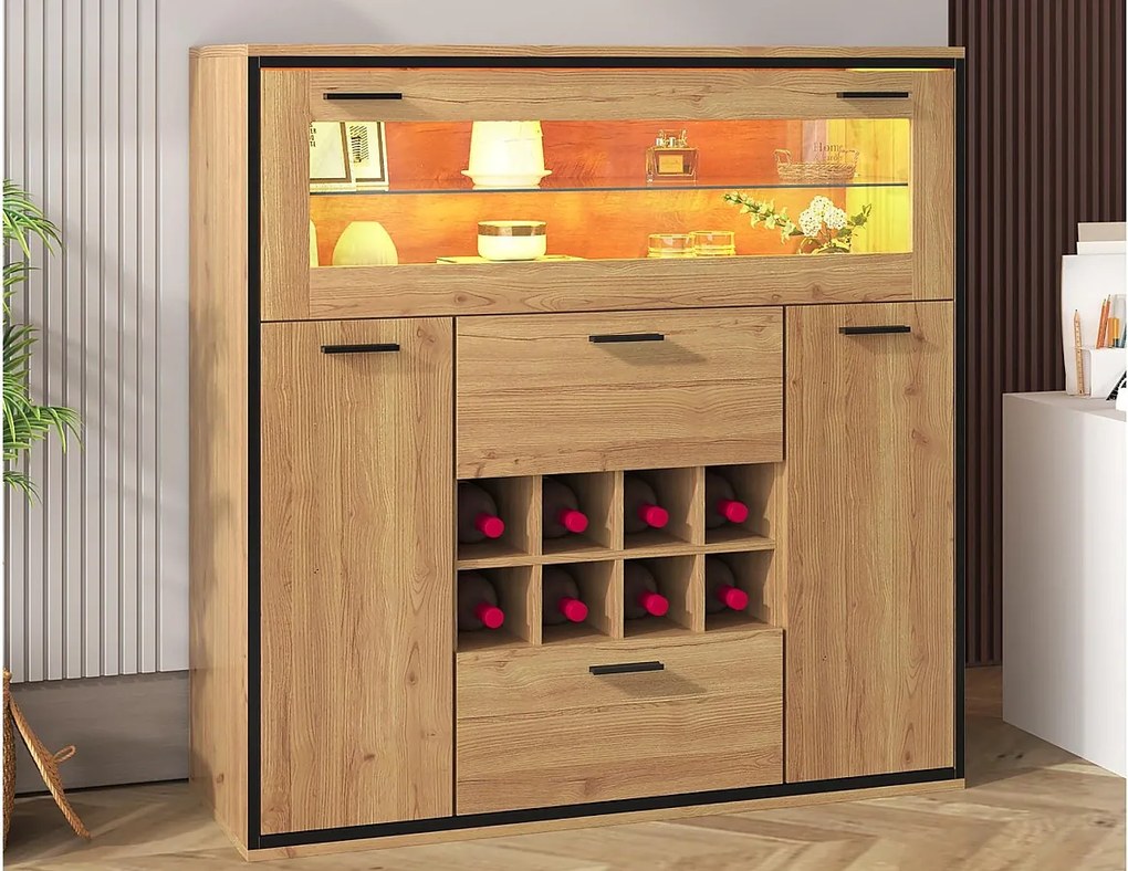 Bufet, szafka na wino z LED - 2 drzwiami i 2 szufladami oraz półkami szklanymi - Naturalny