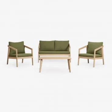 Zestaw Ogrodowy Z Sofą, 2 Fotelami I Stolikiem Kawowym Z Drewna Akacjowego Kaela Jasny Akacjowy Brąz & 2-osobowy & Bouclé Salvia Zieleń - Sklum