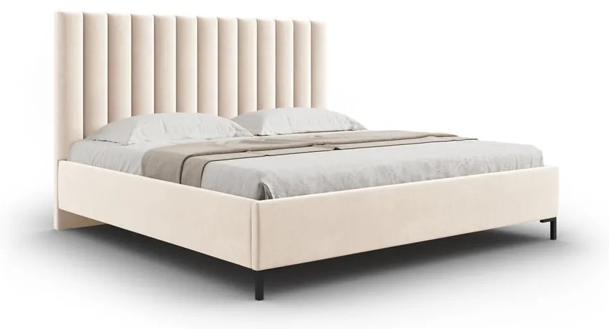 Beżowe tapicerowane łóżko dwuosobowe ze schowkiem i stelażem 200x200 cm Casey – Mazzini Beds