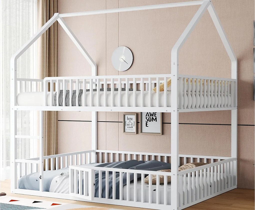 Łóżko piętrowe dziecięce 90x200 cm - ze schodkami - z drzwiczkami - Metal - biały (materac nie jest w zestawie)