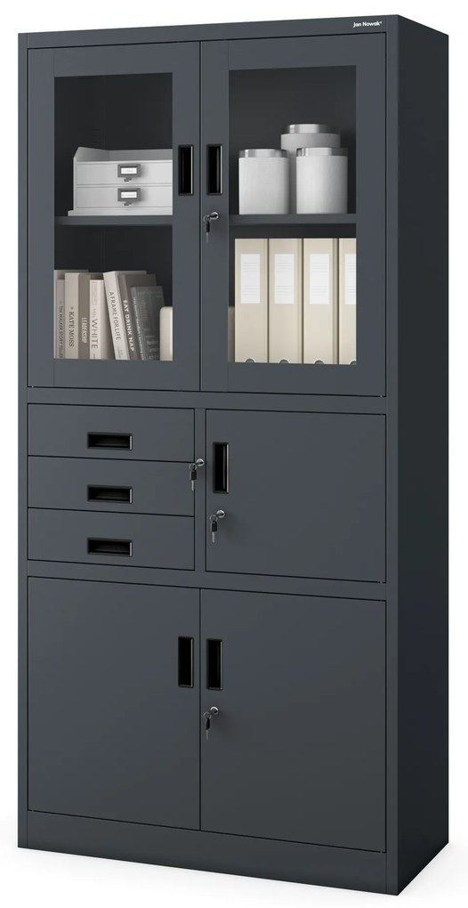 Biurowa szafa metalowa z sejfem na akta i dokumenty FILIP, 900 x 1850 x 400 mm, antracytowa