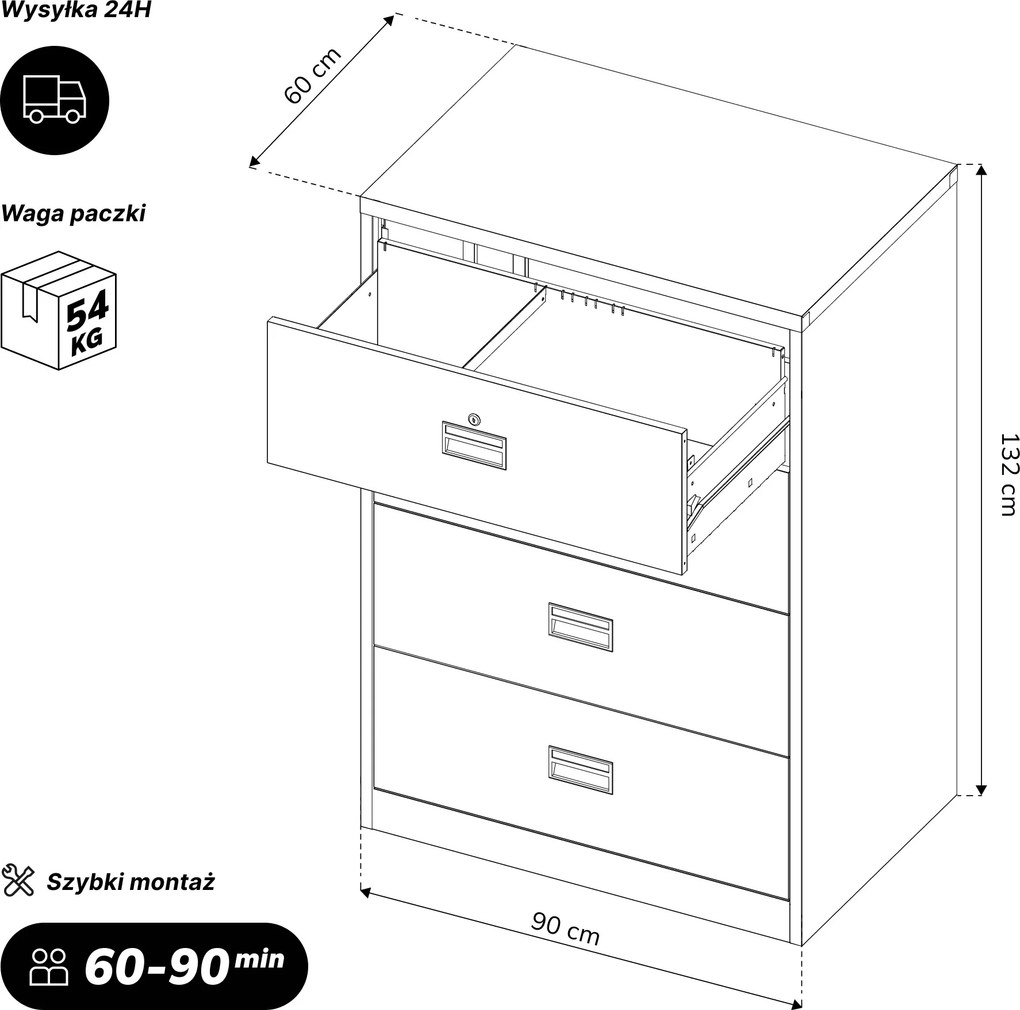 Szafa kartotekowa metalowa z 4 szufladami czarna, 900x1320x600 mm: SARA XL V4