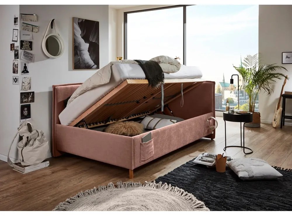 Różowe tapicerowane narożne łóżko dziecięce ze schowkiem ze stelażem 90x200 cm Fun – Meise Möbel