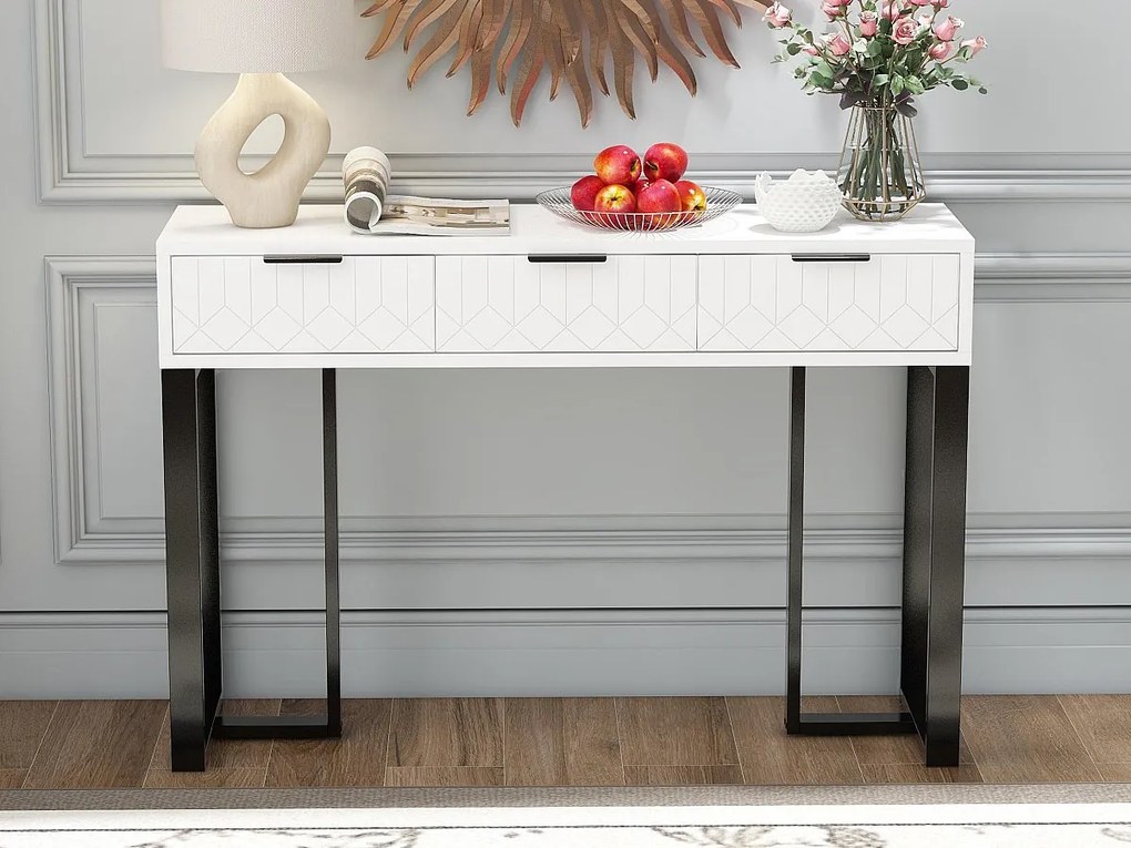 Nowoczesna konsola stołowa, z 2 szufladami, regulowanymi nogami, Biała i Czarna