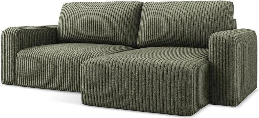 Zielony sztruksowy rozkładany/ze schowkiem narożnik (prawostronny/z szezlongiem) Kona – Makamii