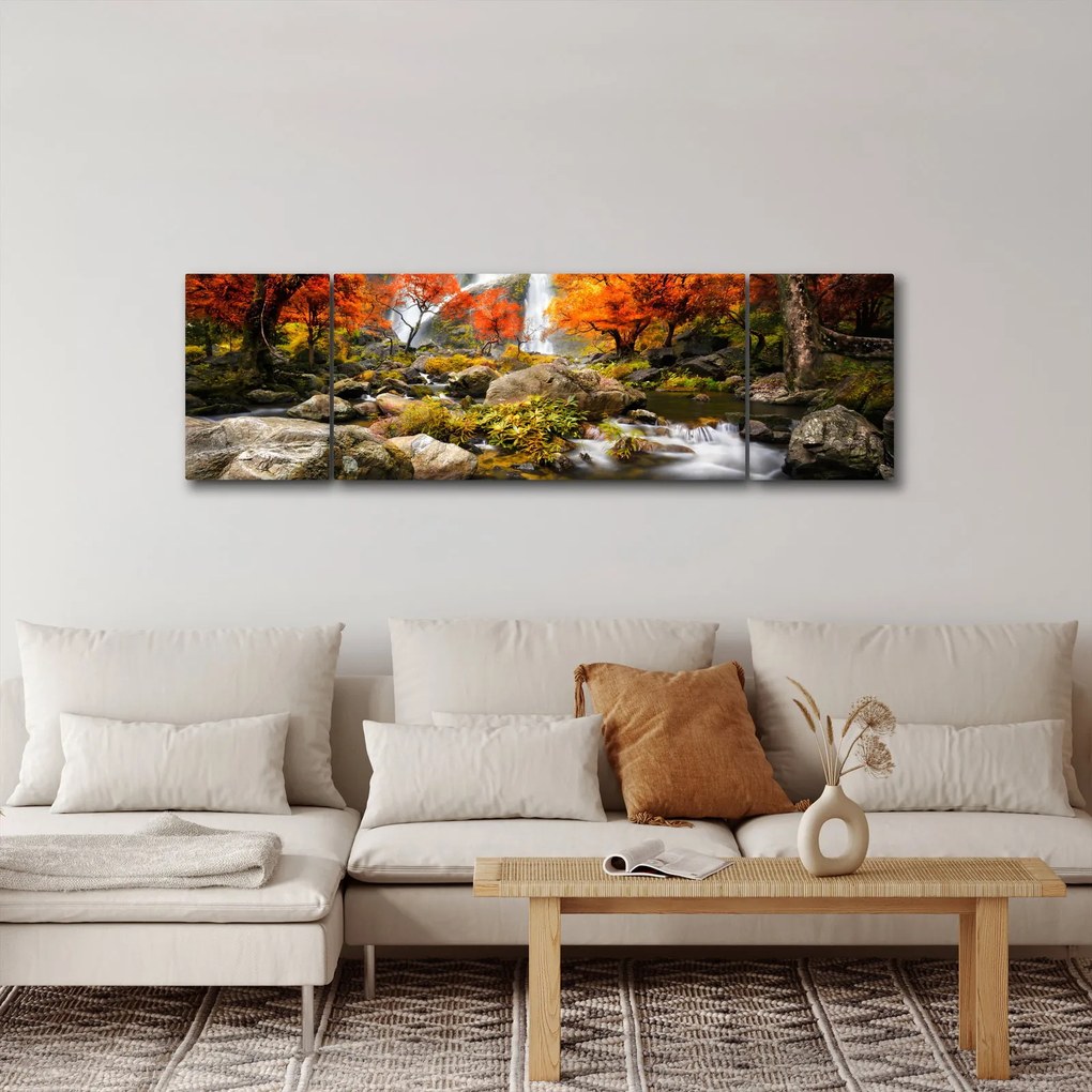 Obraz - Wodospady w jesiennym krajobrazie, pomarańczowy (170x50 cm)
