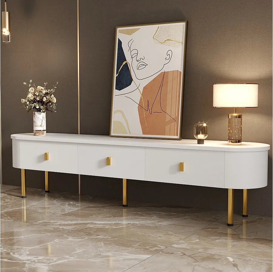 Nowoczesna szafka RTV z 3 szufladami - 174 x 35 x 41 cm - MDF i metalowe nogi - Biały + złoty