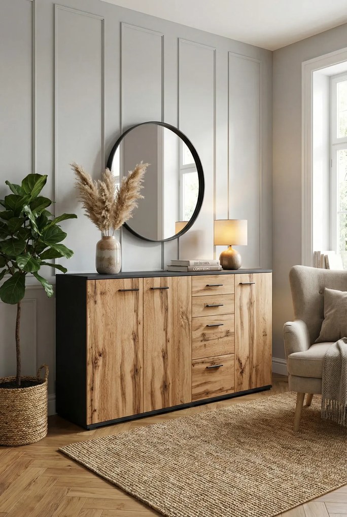 Długa komoda z szufladami i półkami grafit + dąb wotan T0-S51