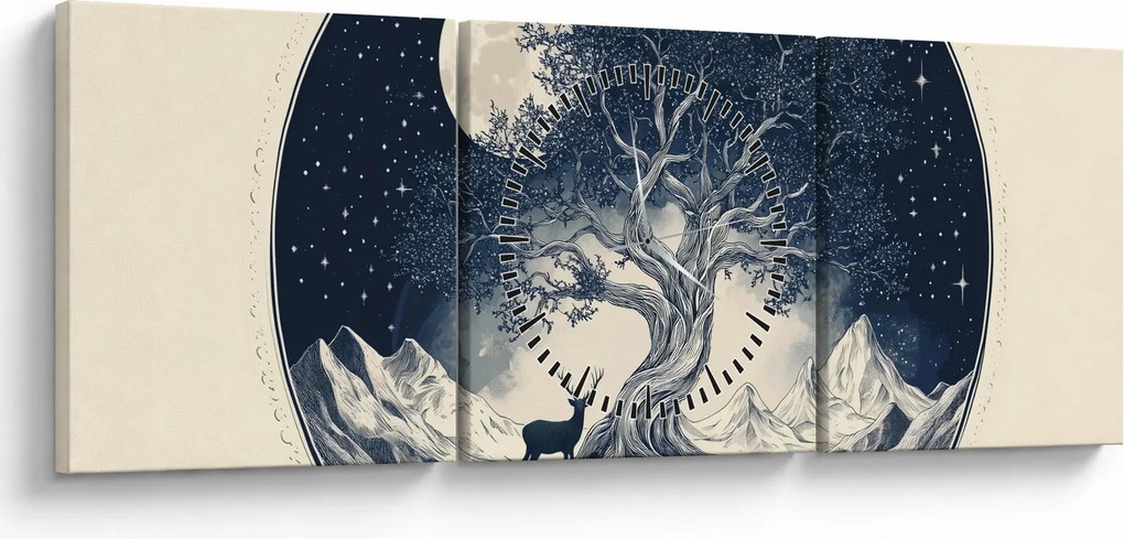 Obraz – Magiczne drzewo z jeleniem I. (z zegarem) (90x30 cm)