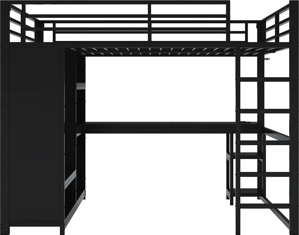 Łóżko na antresoli 160×200 cm - z LED - z biurkiem i otwartą szafą - Metalowe - Czarne (bez materaca)