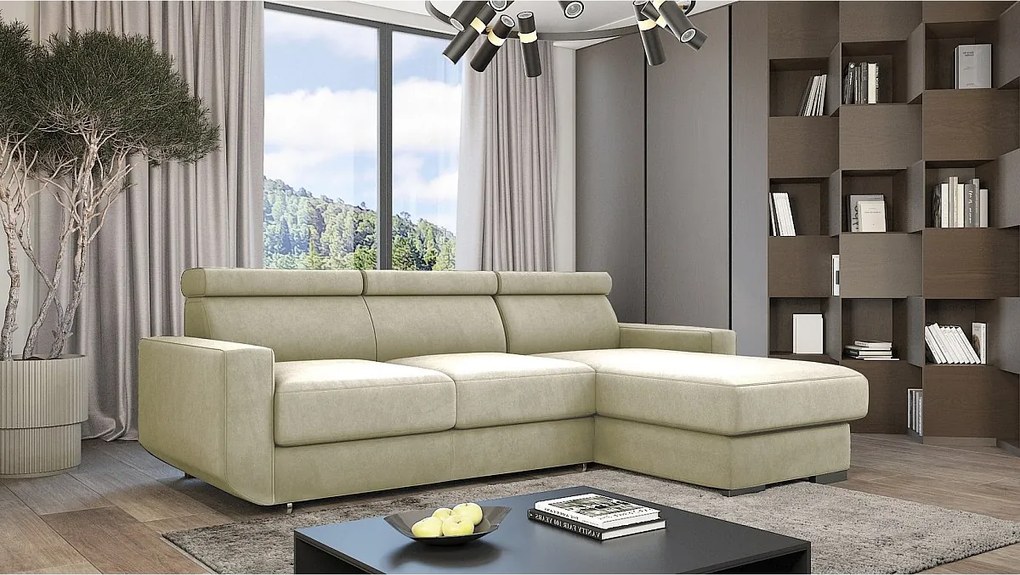 Emporius Braga narożnik z funkcją spania - pojemnik, regulowane zagłówki - sofa rozkładana, prawostronny, tkanina aksamitna, beżowy (Monolith 02)