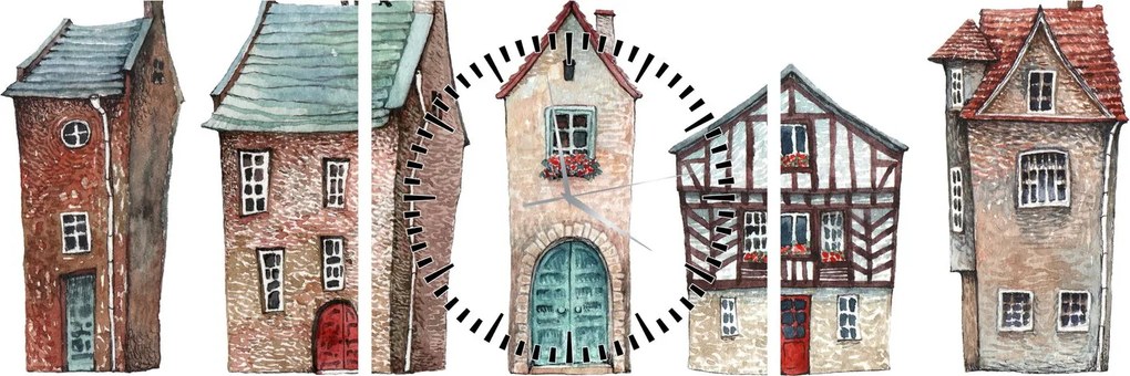 Obraz - Domy akwarelowe (z zegarem) (90x30 cm)