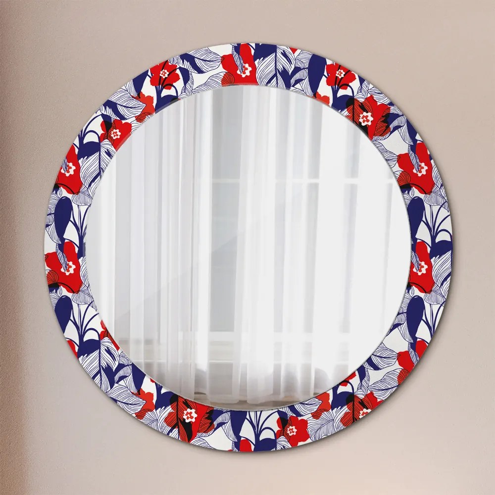 Lustro dekoracyjne okrągłe Filodendron i czerwone kwiaty