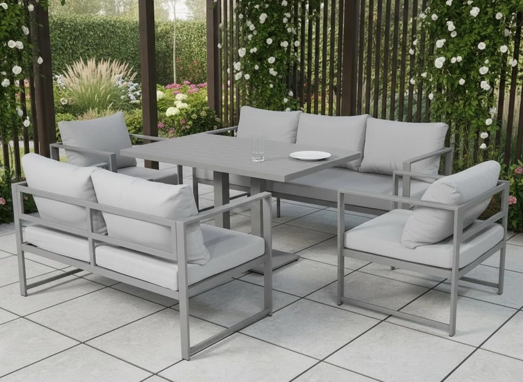 Zestaw mebli ogrodowych Bellagio 005 z sofami, fotelami i stołem, szary, poduszki szare