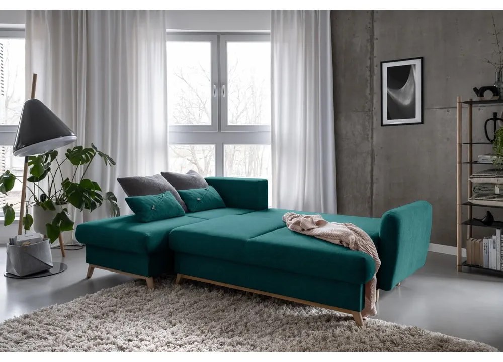 Turkusowy rozkładany/ze schowkiem narożnik (lewostronny/z szezlongiem) Scandic Lagom – Miuform