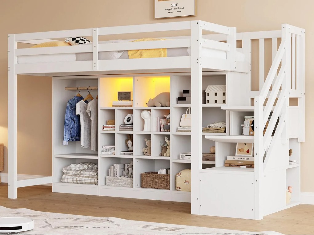Łóżko na antresoli 90x200 cm - z przegródkami do przechowywania - z szafą - z oświetleniem LED - z drabiną bezpieczeństwa - Biały