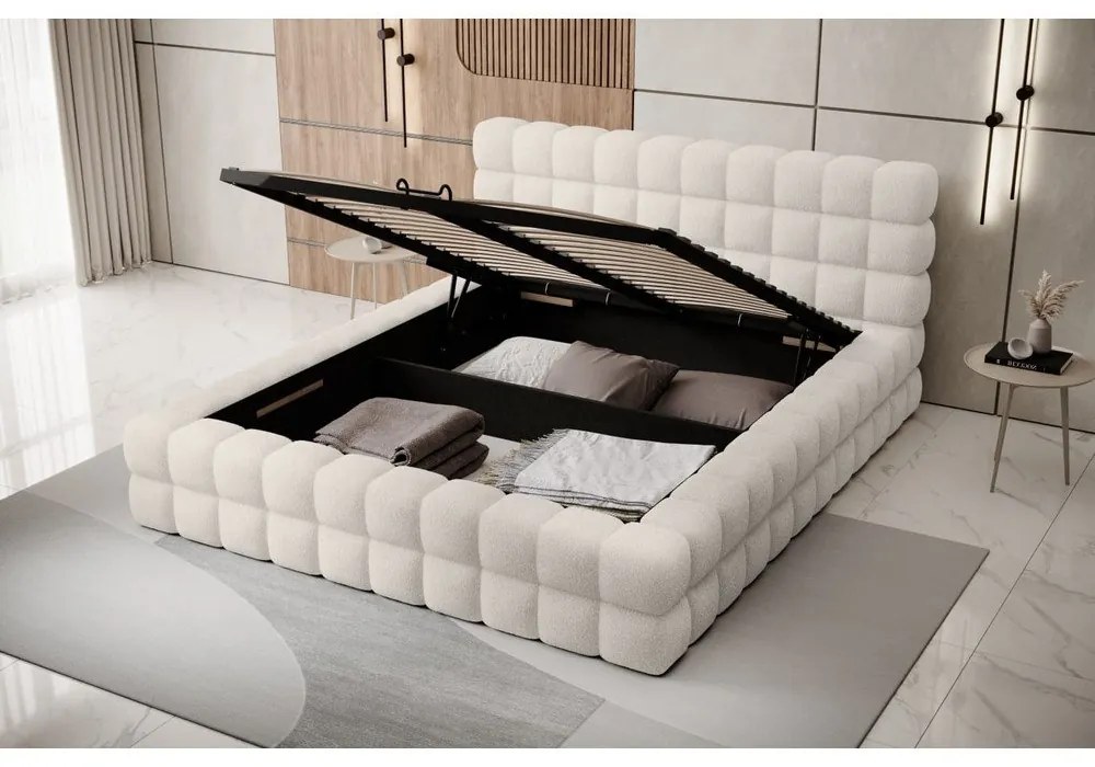 Białe tapicerowane łóżko dwuosobowe ze schowkiem ze stelażem 180x200 cm Dizzle – ELTAP