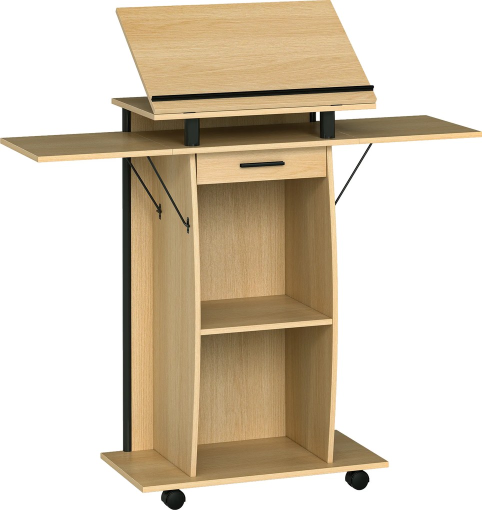 HOMCOM Mobilne podium, podium do wystąpień z składanymi bocznymi skrzydłami, stół na laptopa z szufladą i półkami, wykonane w dębie