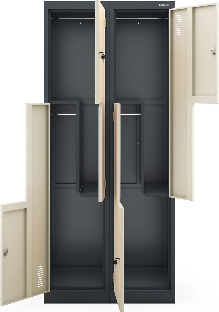 Szafa socjalna ubraniowa typu L, czterokomorowa, antracytowa/dąb sonoma, 800x1850x450 mm: JULIA Eco Design