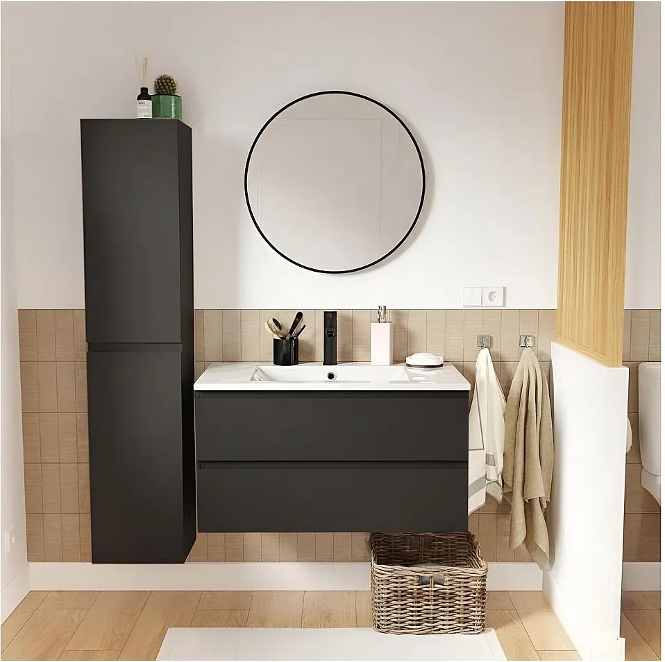 Szafka pod umywalkę 80 cm z ceramicznym blatem, baterią, lustrem i kolumną SORRENTO