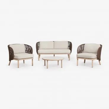 Zestaw Do Salonu Z Dwuosobową Sofą, 2 Fotelami Z Plecionej Liny Capri Oraz Stolikiem Kawowym Z Drewna Akacjowego Olivia Chocolate - Sklum