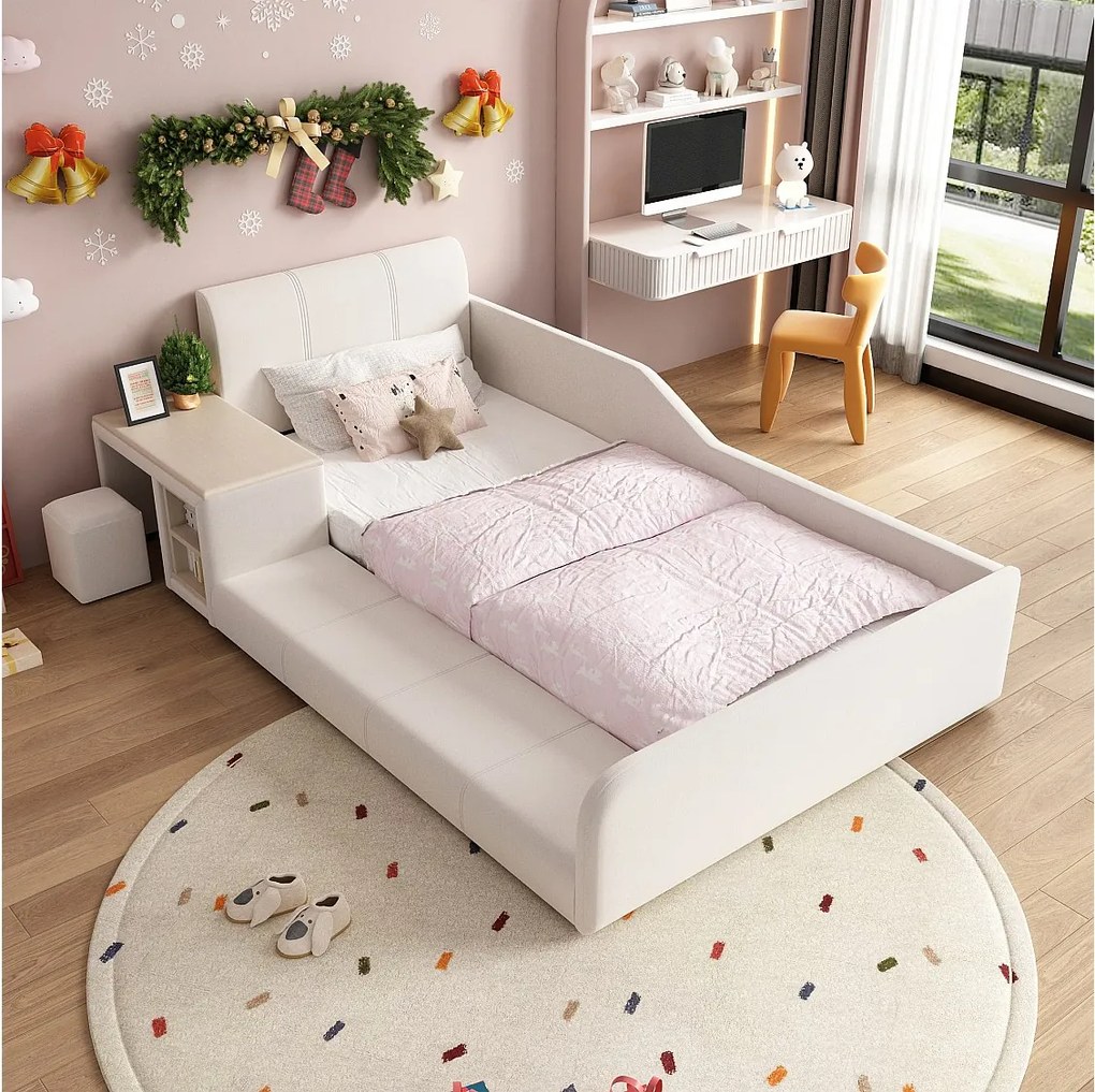 Łóżko tapicerowane dla dzieci 90 x 200 cm z biurkiem i taboretem + półka + zagłówek tapicerowany - welur - białe