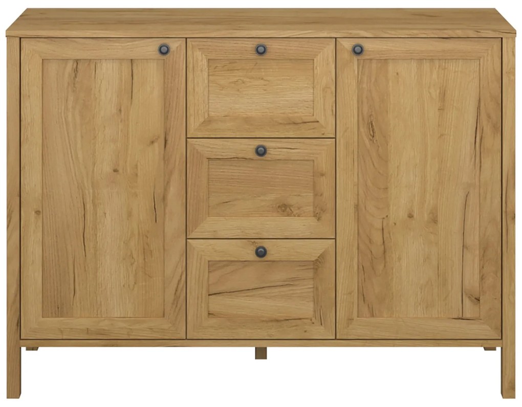 Komoda Dwudrzwiowa z Szufladami Drewniana do Salonu DALE 118 cm Dąb craft złoty Klasyczna