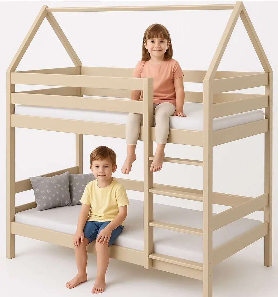 Piętrowe łóżko domek 2-osobowe skandynawskie, waniliowy K2-L01