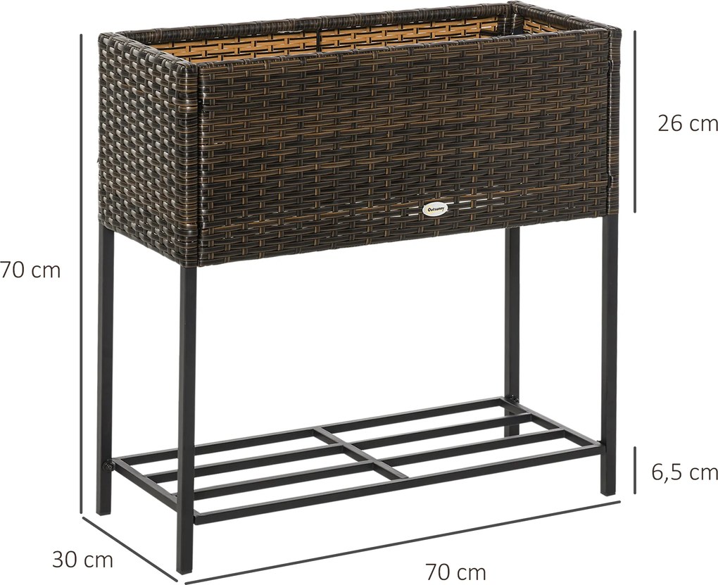Outsunny Grządka Podwyższona Technorattan Skrzynka na Kwiaty z Półką Stabilne Nogi Brązowa 70x30x72cm | Aosom PL