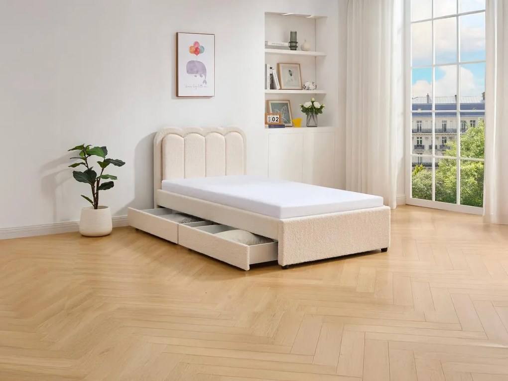 Łóżko 90 x 190 cm z 2 szufladami - Z oświetleniem LED - Tkanina bouclette - Kremowe - NESTIAKO