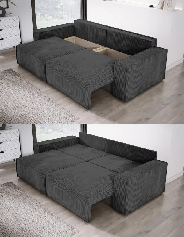 Kanapa KASJO Prawostronny Sofo-Narożnik z funkcją spania i poduszkami, 2x pojemnik POSO 135 Grafitowy DOMOHOME