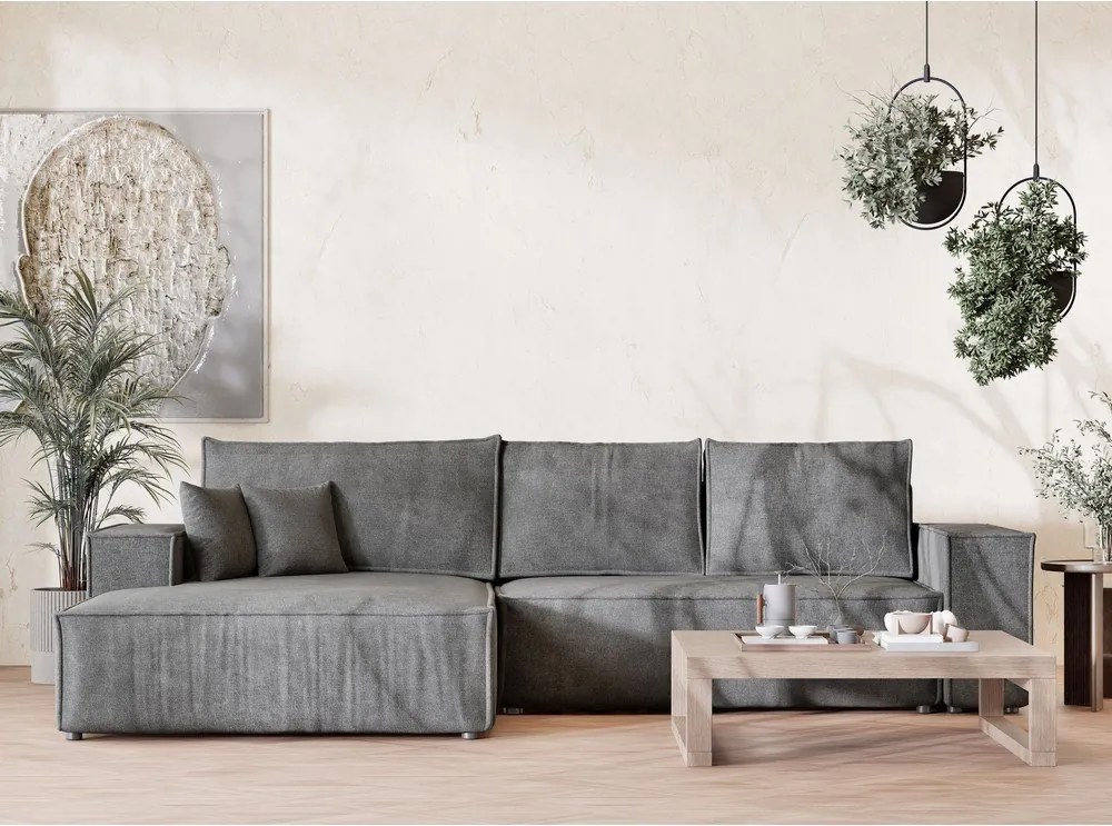 Szary rozkładany narożnik ze schowkiem z tkaniny szenilowej (lewostronny/z szezlongiem) Maze – Maison de Rêve