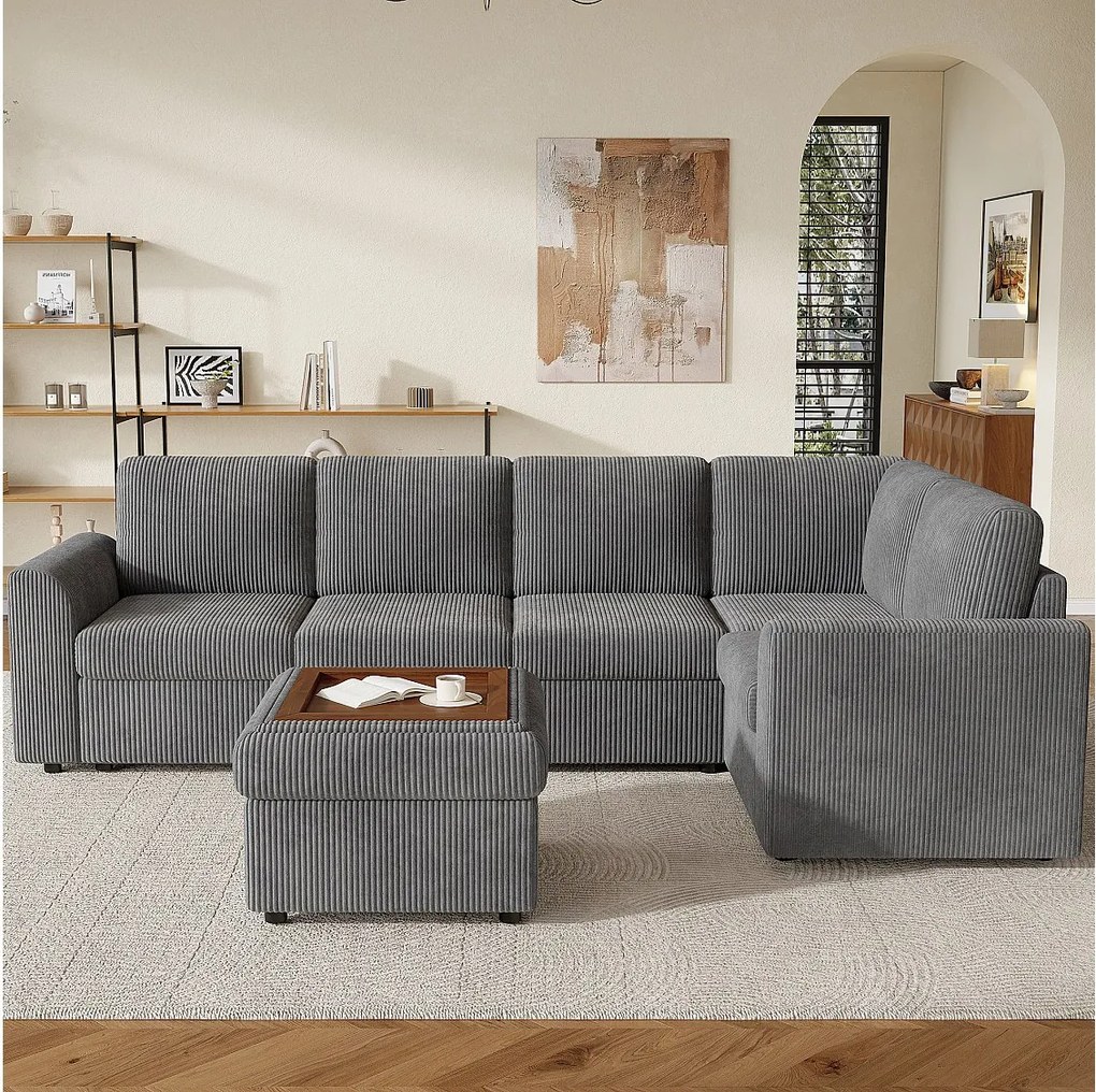Zestaw narożny - 160 x 40 x 82 cm - z podłokietnikami + 1 mobilny stołek ze schowkiem - szenil - szary